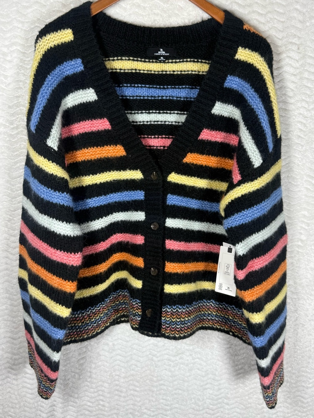 Rip Curl Black V-Neck Button Cardigan with Multicolor Stripes